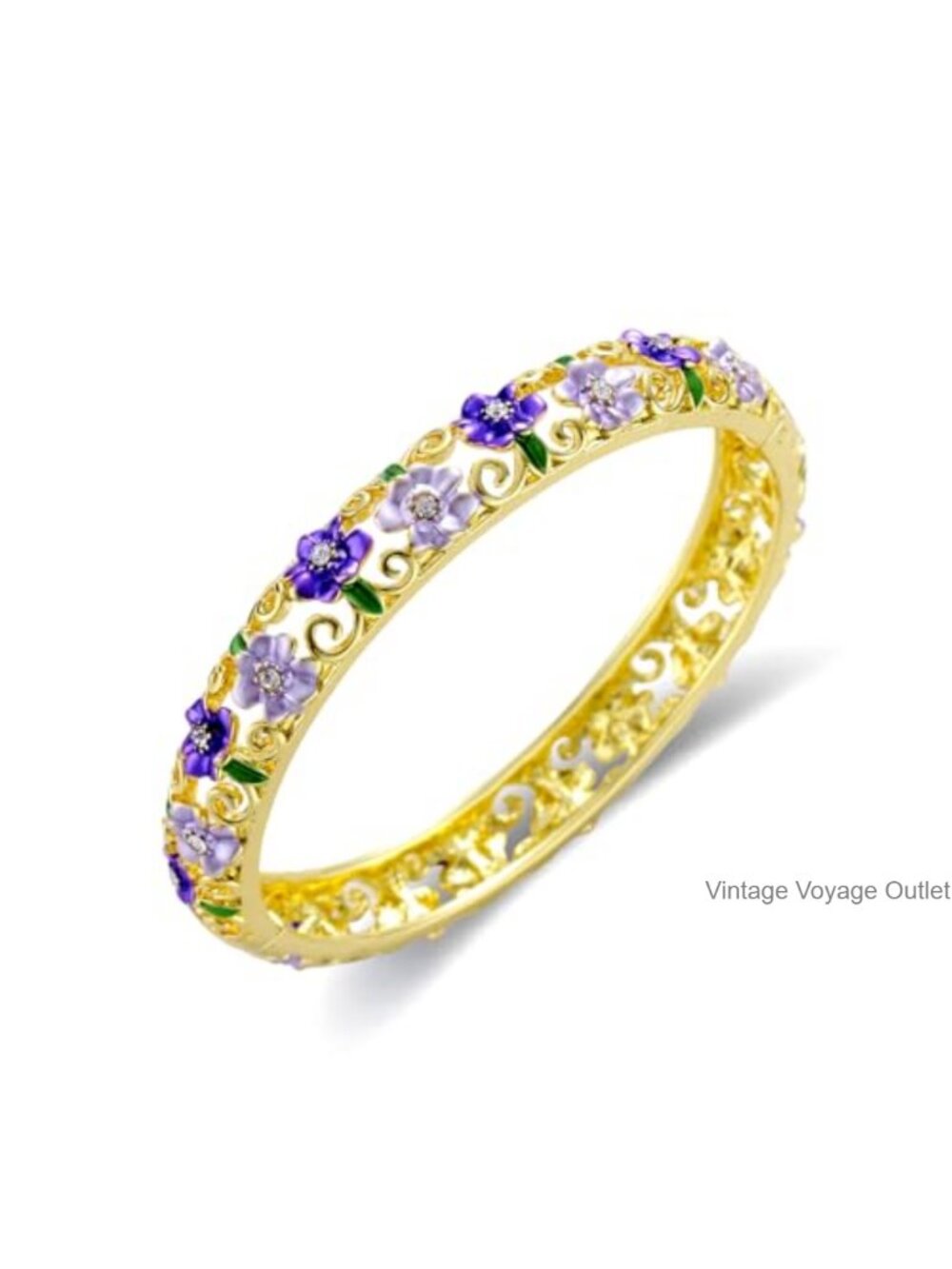 18K Gold Plated Enamel Floral Bangle Bracelet for Women